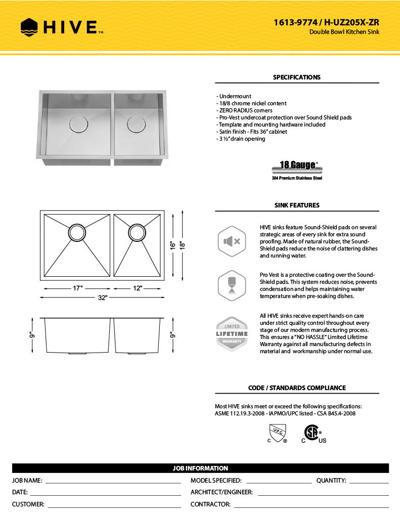 H-UZ205X-ZR: 32" Stainless Steel 1-3/4 Double Bowl Kitchen Sink ZERO RADIUS