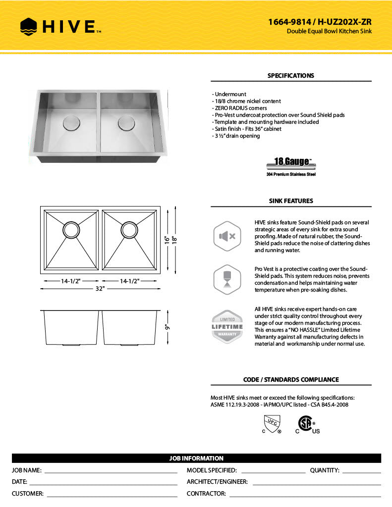 H-UZ202X-ZR: 32" Stainless Steel Double Equal Bowl Kitchen Sink ZERO RADIUS
