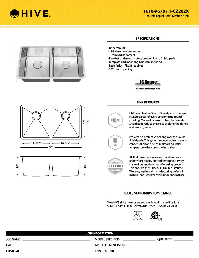 H-Z202X: 32" Stainless Steel Double Equal Bowl Kitchen Sink R10
