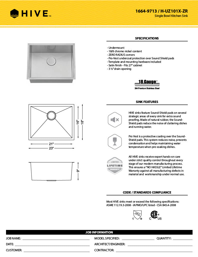 H-UZ101X-ZR: 23" Stainless Steel Medium Single Bowl Kitchen Sink ZERO RADIUS