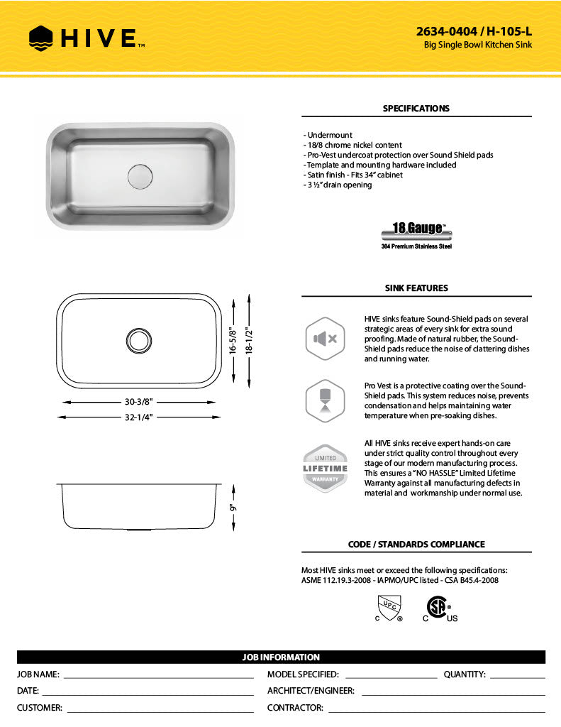 H-105-L: 33" Stainless Steel Big Single Bowl Kitchen Sink