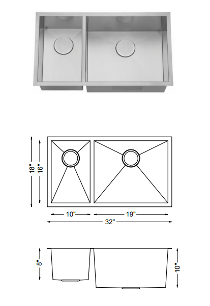 H-UZ203XR-ZR: 32" Stainless Steel 1-1/2 Double Bowl Kitchen Sink Reverse ZERO RADIUS