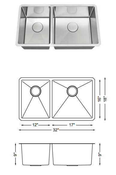 H-Z205XR: 32" Stainless Steel 1-3/4 Double Bowl Kitchen Sink Reverse R10