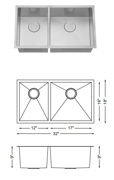 H-Z205XR-ZR: 32" Stainless Steel 1-3/4 Double Bowl Kitchen Sink Reverse ZERO RADIUS