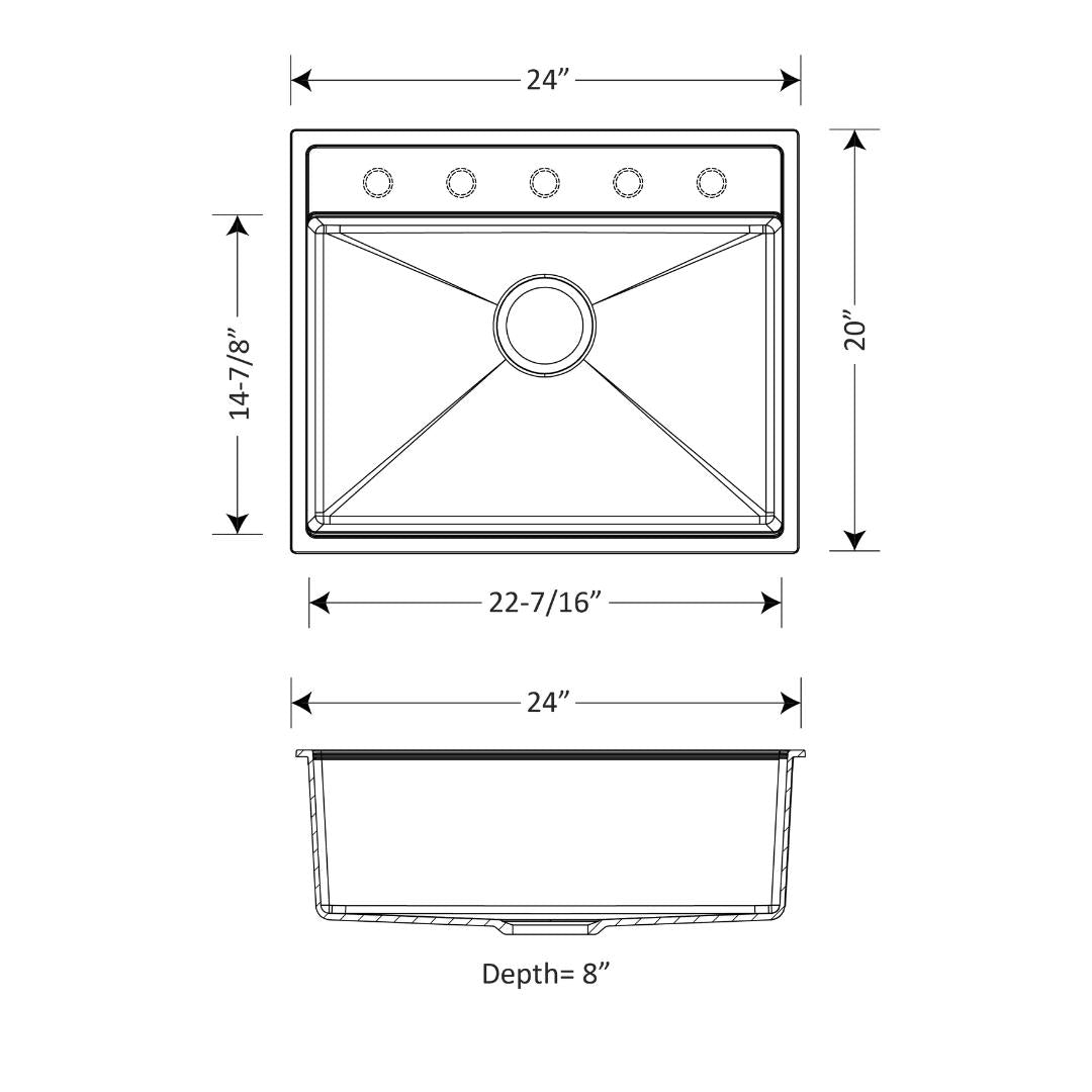 DUR-102: 24" Composite Granite Dual Mount Single Bowl Sink