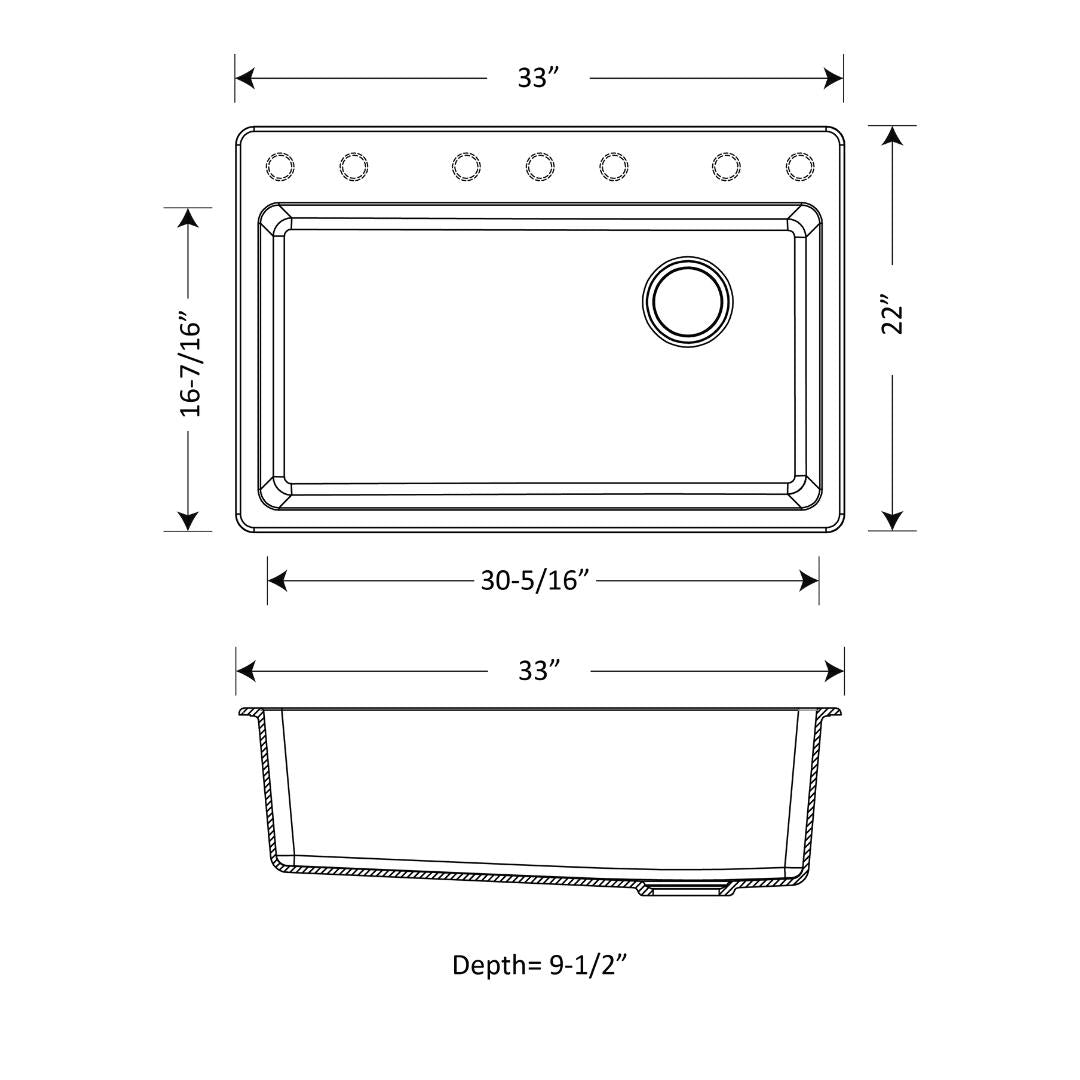 DUR-105: 33" Composite Granite Dual Mount Super Single Bowl Kitchen Sink