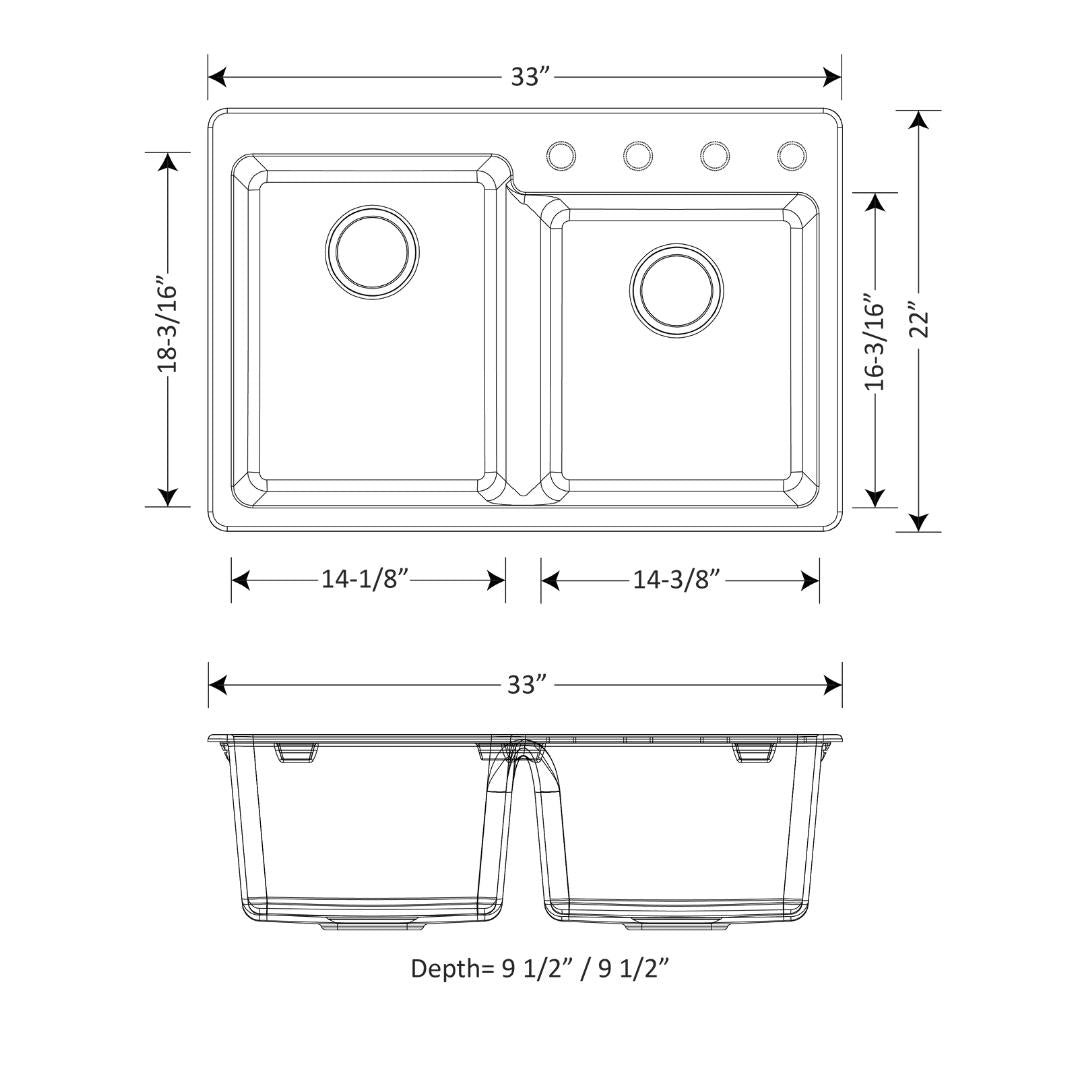 DUR-201: 33" Composite Granite Dual Mount 1-3/4 Double Bowl Kitchen Sink