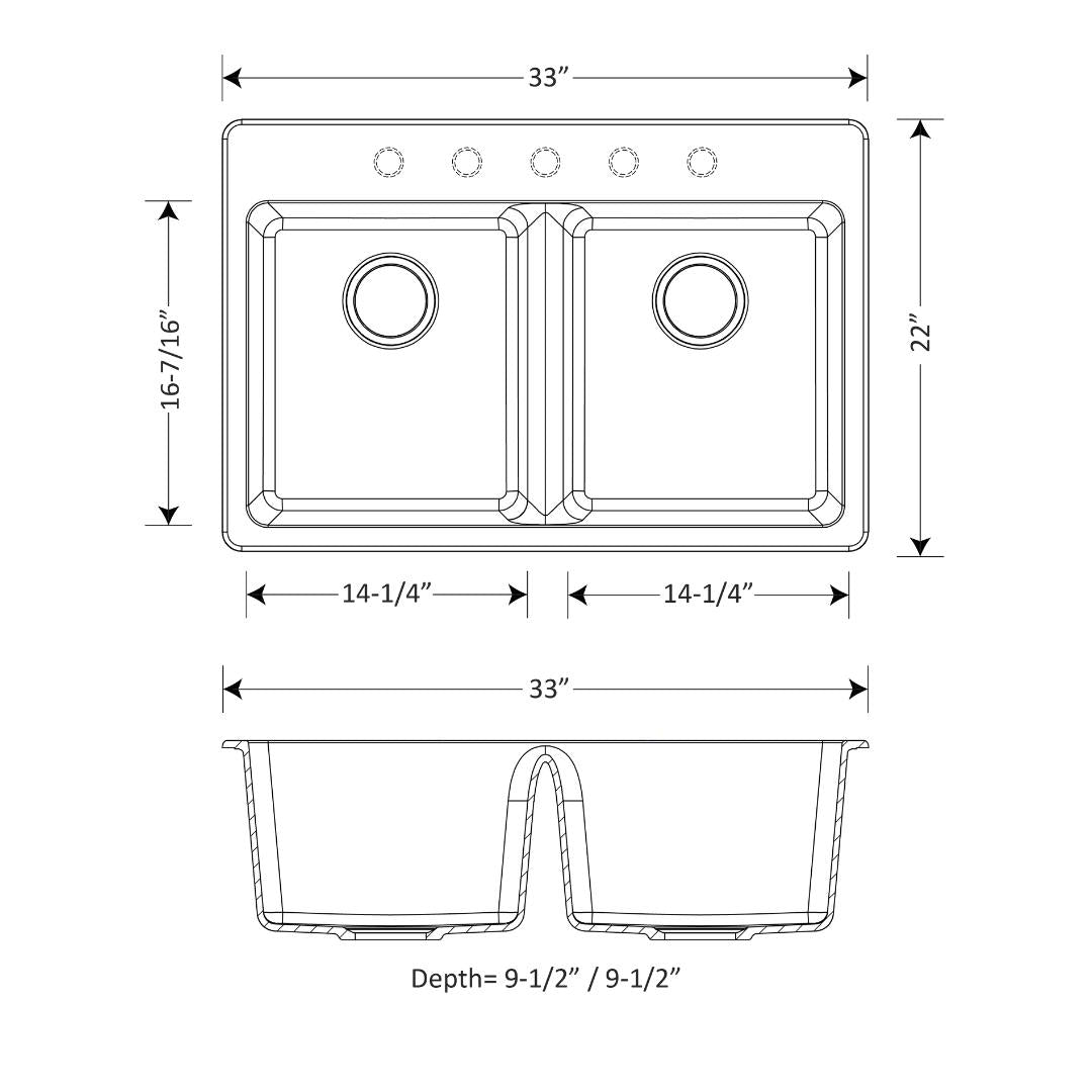 DUR-202: 33" Composite Granite Dual Mount Double Equal Bowl Kitchen Sink