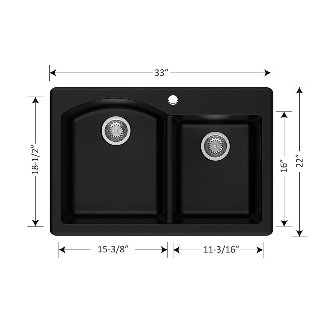 DUR-204: 33" Composite Granite Dual Mount 1-3/4 Double Bowl Kitchen Sink Curved Big Bowl