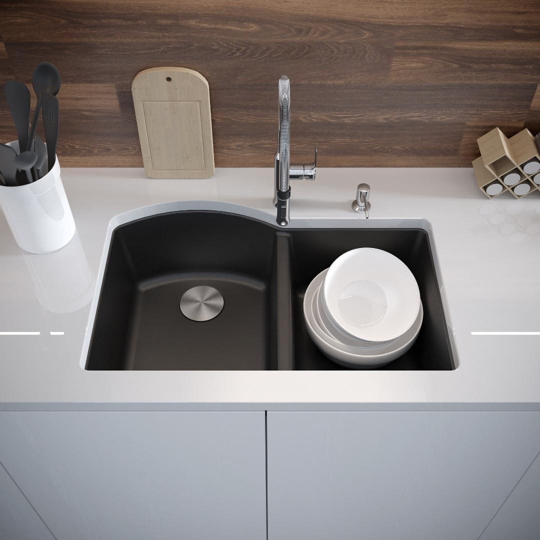 DUR-204: 33" Composite Granite Dual Mount 1-3/4 Double Bowl Kitchen Sink Curved Big Bowl