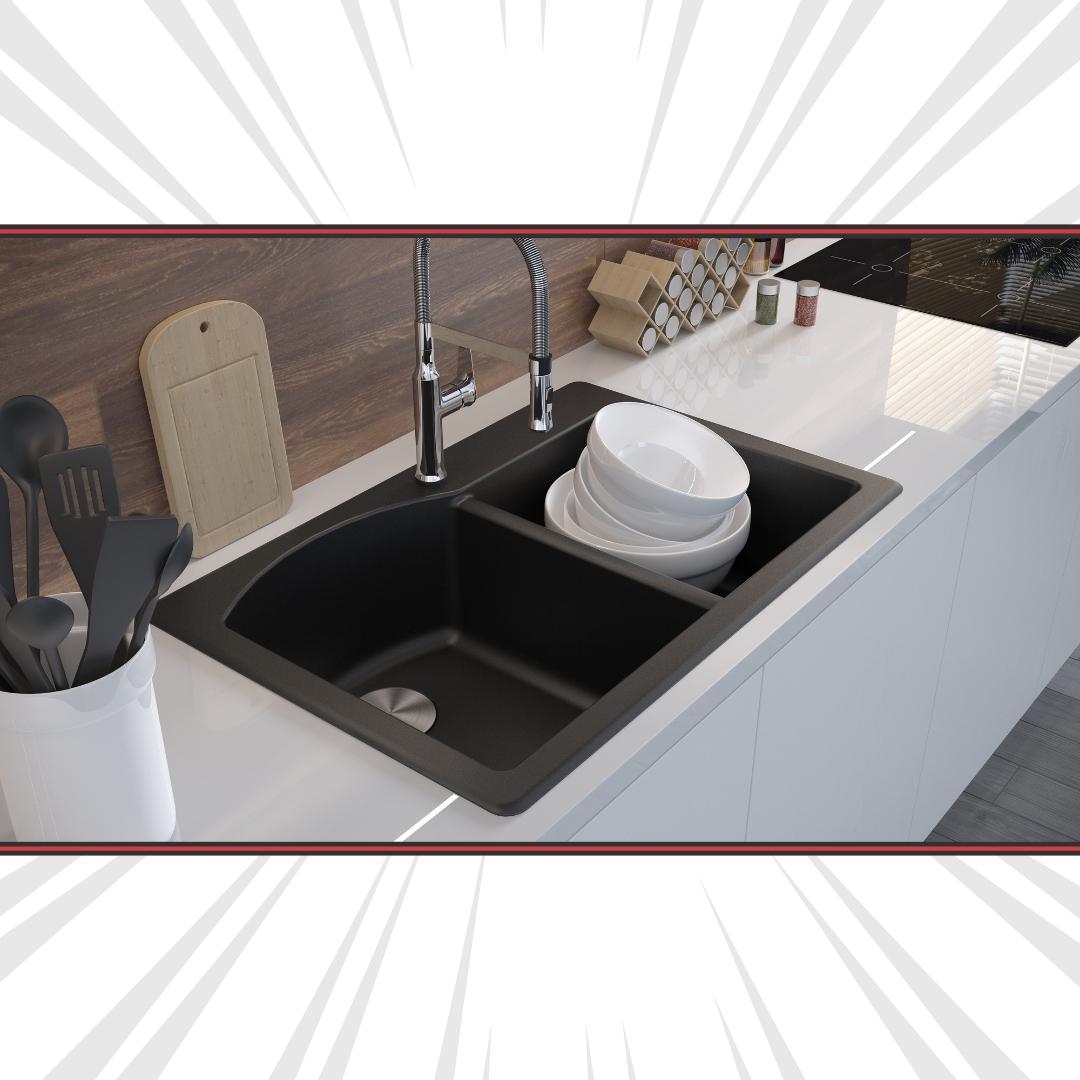 DUR-204: 33" Composite Granite Dual Mount 1-3/4 Double Bowl Kitchen Sink Curved Big Bowl