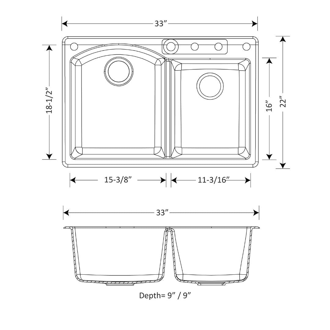 DUR-204: 33" Composite Granite Dual Mount 1-3/4 Double Bowl Kitchen Sink Curved Big Bowl
