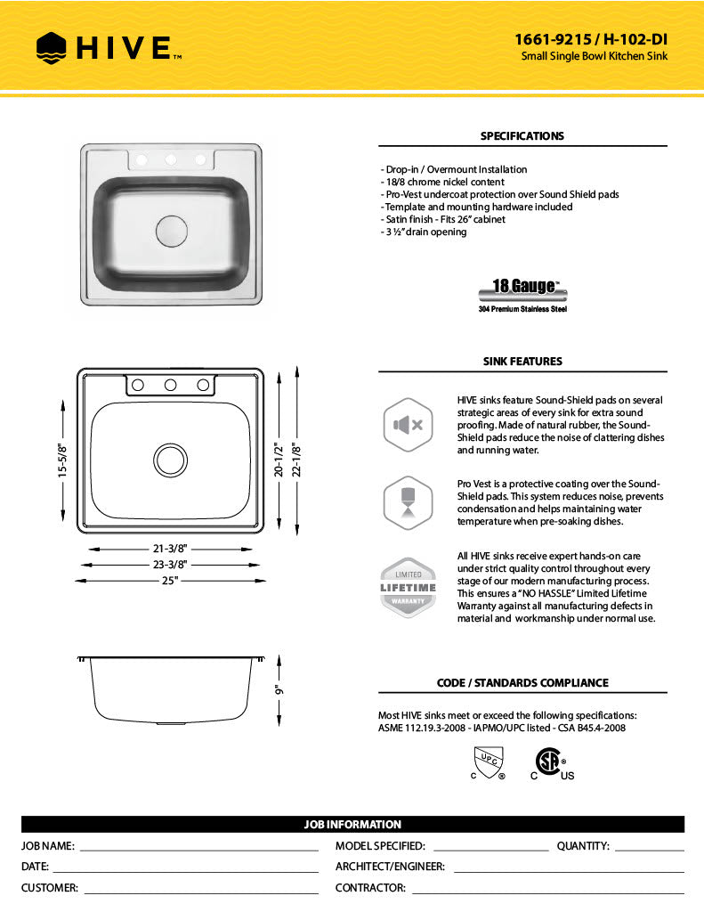 H-102-DI: 25" Stainless Steel Drop-In Small Single Bowl Kitchen Sink