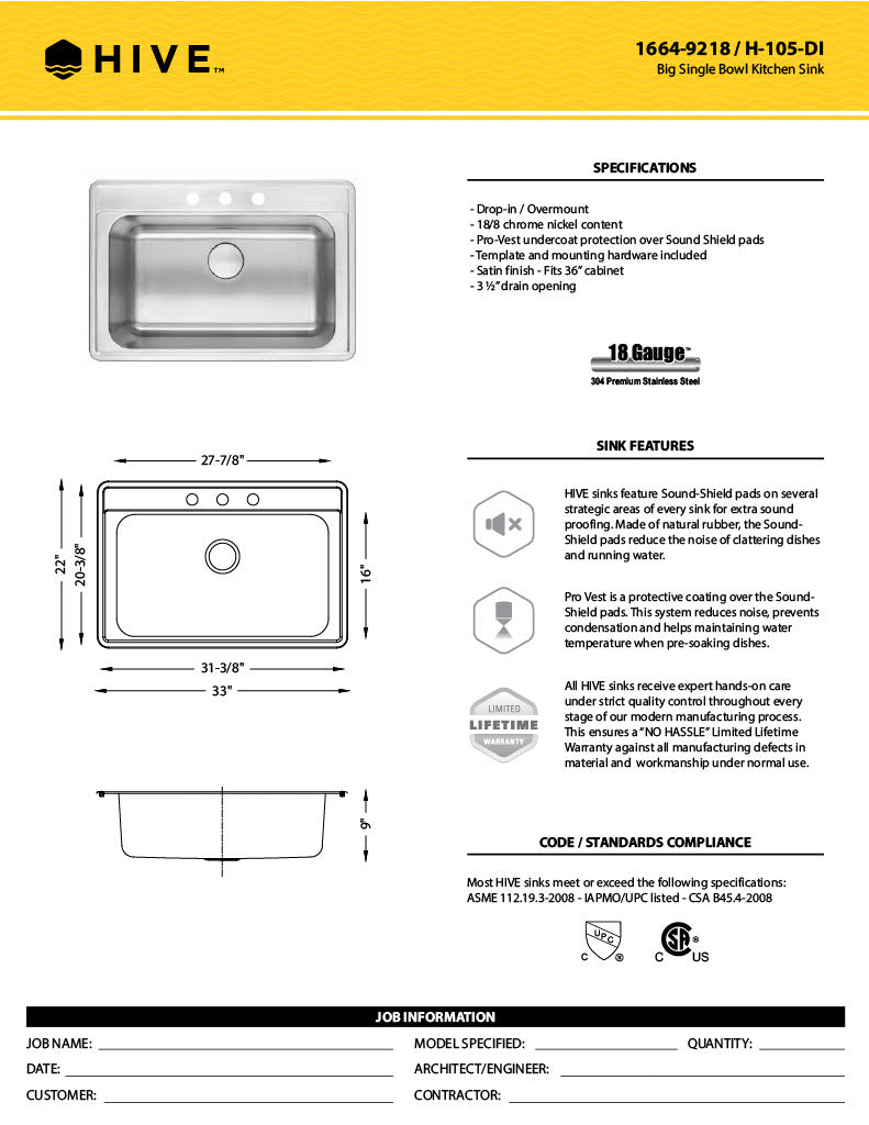 H-105-DI: 32" Stainless Steel Drop-In Single Bowl Kitchen Sink