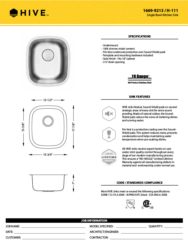H-111: 18" Stainless Steel Small Single Bowl Bar/Prep Sink