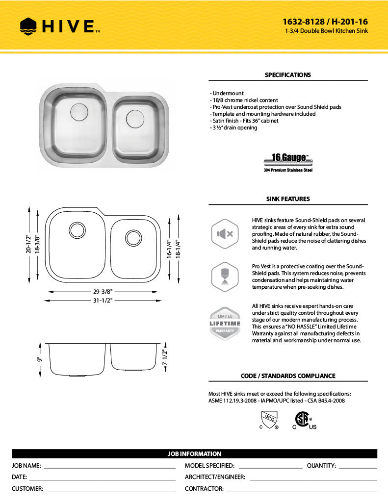 H-201: 32" Stainless Steel 1-3/4 Double Bowl Kitchen Sink