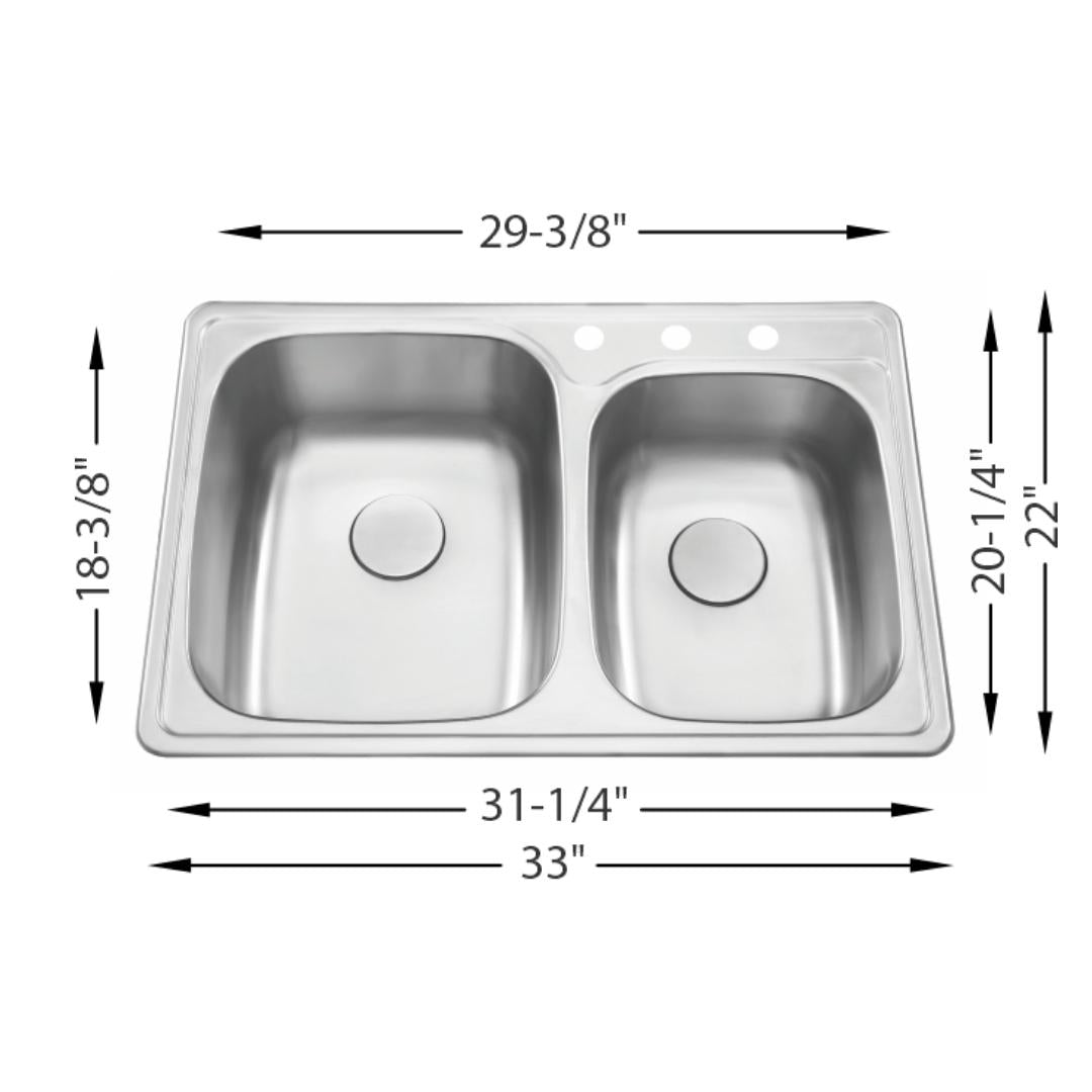 H-201-DI: 33" Stainless Steel Drop-In 1-3/4 Double Bowl Kitchen Sink