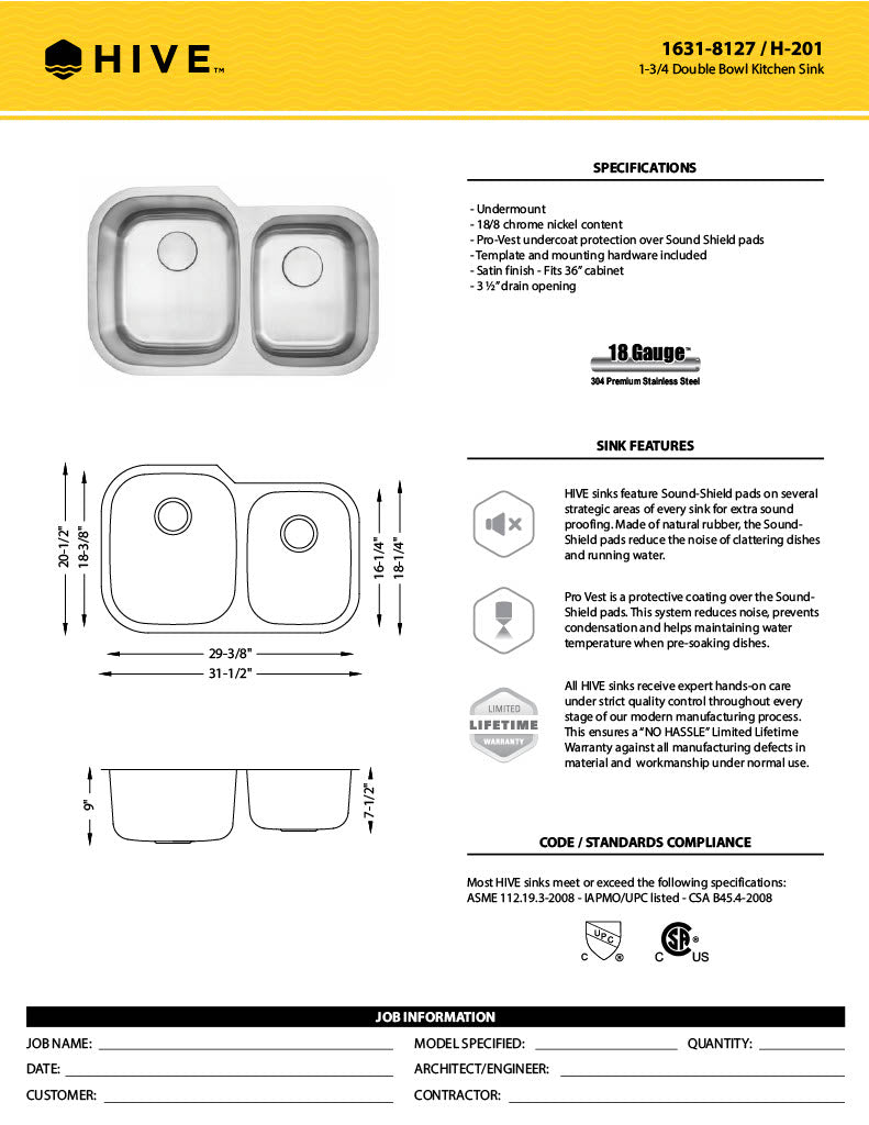 H-201: 32" Stainless Steel 1-3/4 Double Bowl Kitchen Sink