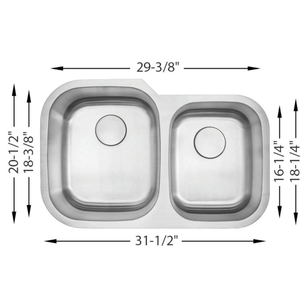 H-201: 32" Stainless Steel 1-3/4 Double Bowl Kitchen Sink