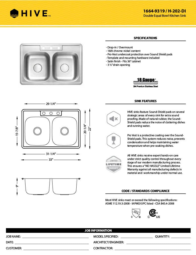 H-202-DI: 33" Stainless Steel Drop-In Double Equal Bowl Kitchen Sink