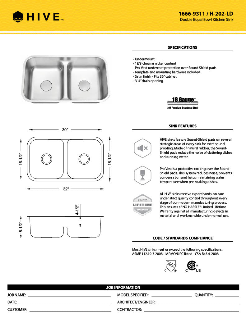 H-202-LD: 32" Stainless Steel Double Equal Bowl Kitchen Sink - LOW DIVIDER