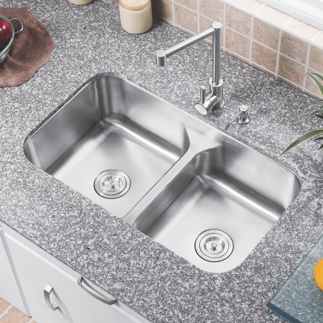 H-202-LD: 32" Stainless Steel Double Equal Bowl Kitchen Sink - LOW DIVIDER