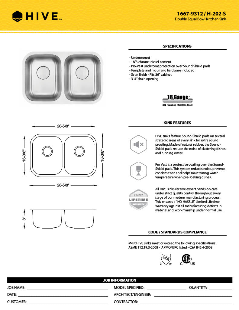 H-202-S: 29" Stainless Steel Small Double Bowl Kitchen Sink