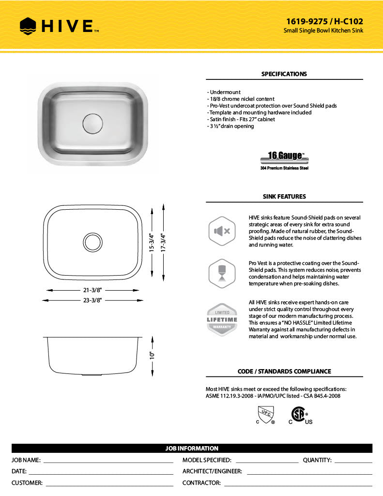 H-102: 24" Stainless Steel Small Single Bowl Kitchen Sink