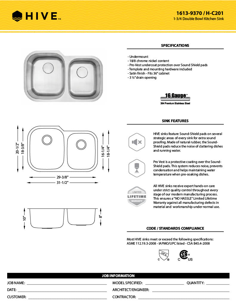 H-201: 32" Stainless Steel 1-3/4 Double Bowl Kitchen Sink
