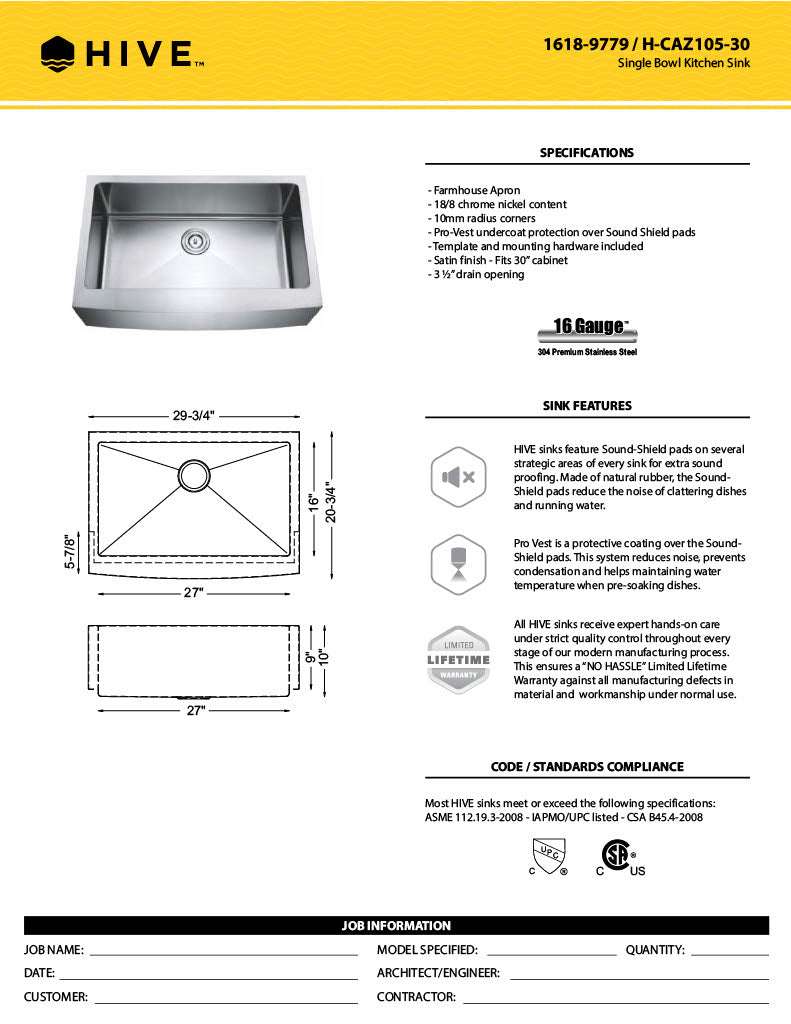 H-AZ105-30: 30" Stainless Steel Single Bowl Farmhouse Kitchen Sink R10