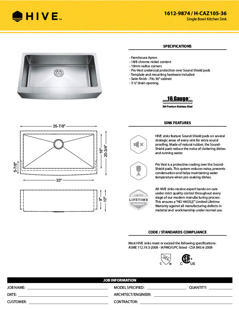 H-AZ105-36ZR: 36" Stainless Steel Large Single Bowl Farmhouse Kitchen Sink ZERO RADIUS