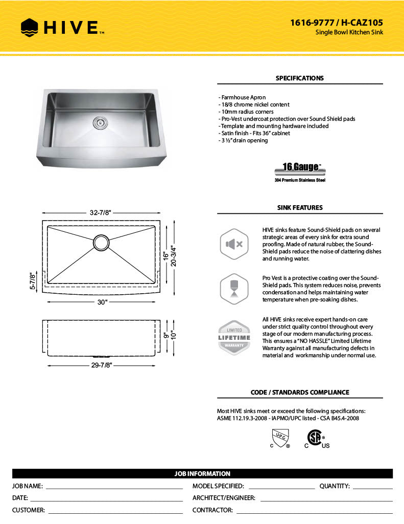 H-AZ105: 33" Stainless Steel Single Bowl Farmhouse Kitchen Sink R10