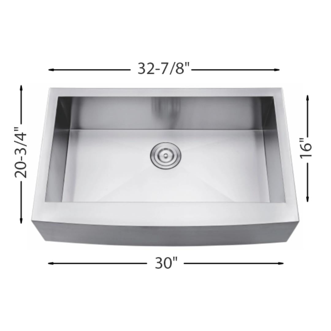 H-AZ105-ZR: 33" Stainless Steel Single Bowl Farmhouse Kitchen Sink ZERO RADIUS