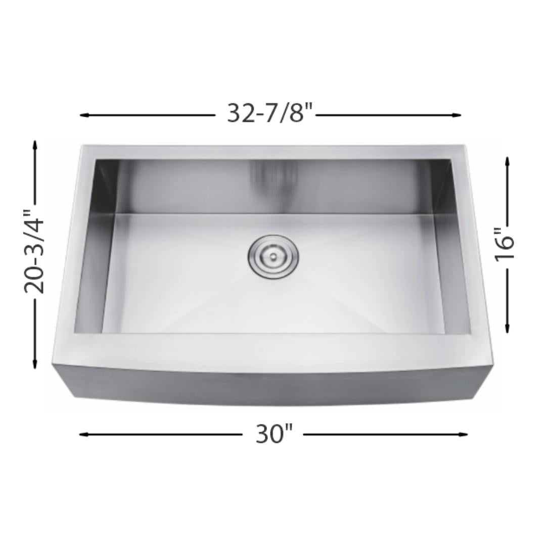 H-UAZ105-ZR: 33" Stainless Steel Single Bowl Farmhouse Kitchen Sink ZERO RADIUS