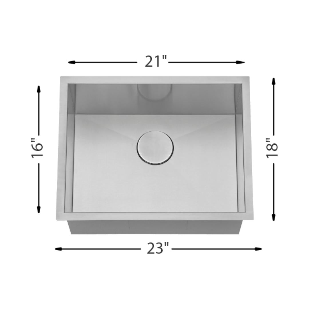 H-UZ101X-ZR: 23" Stainless Steel Medium Single Bowl Kitchen Sink ZERO RADIUS