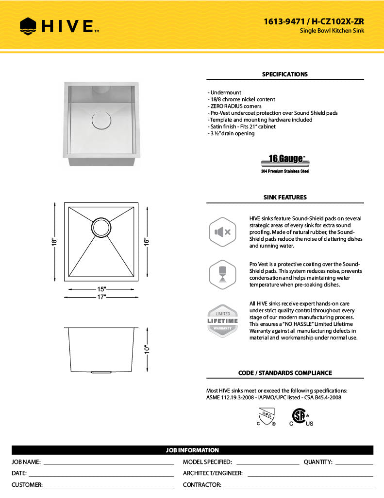 H-Z102X-ZR: 18" Stainless Steel Small Single Bowl Bar/Prep Sink ZERO RADIUS