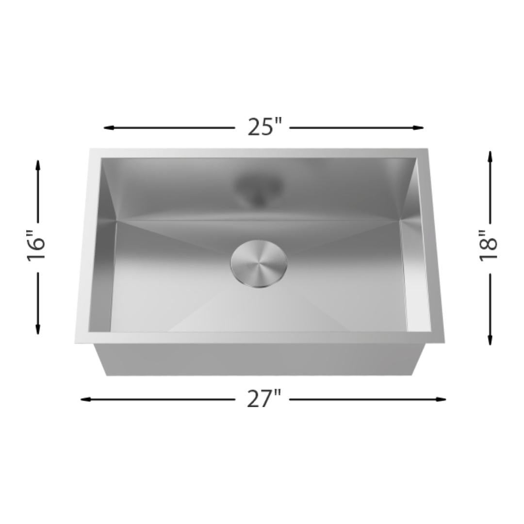 H-UZ105X-27-ZR: 27" Stainless Steel Single Bowl Kitchen Sink ZERO RADIUS