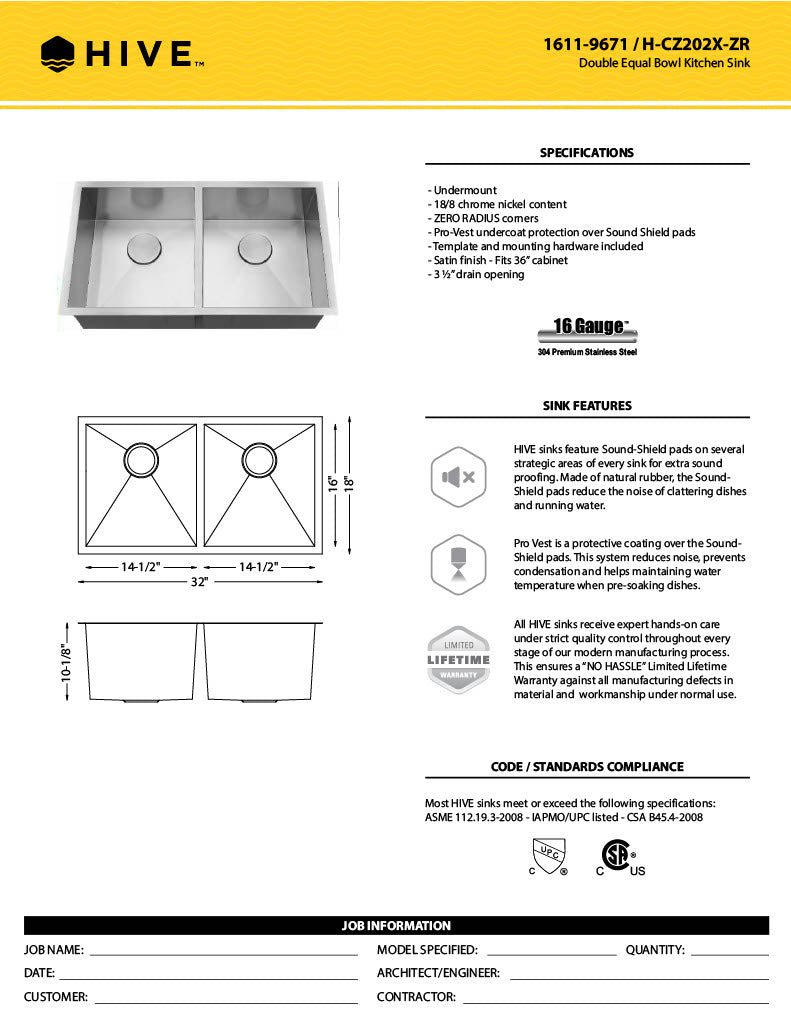 H-UZ202X-ZR: 32" Stainless Steel Double Equal Bowl Kitchen Sink ZERO RADIUS