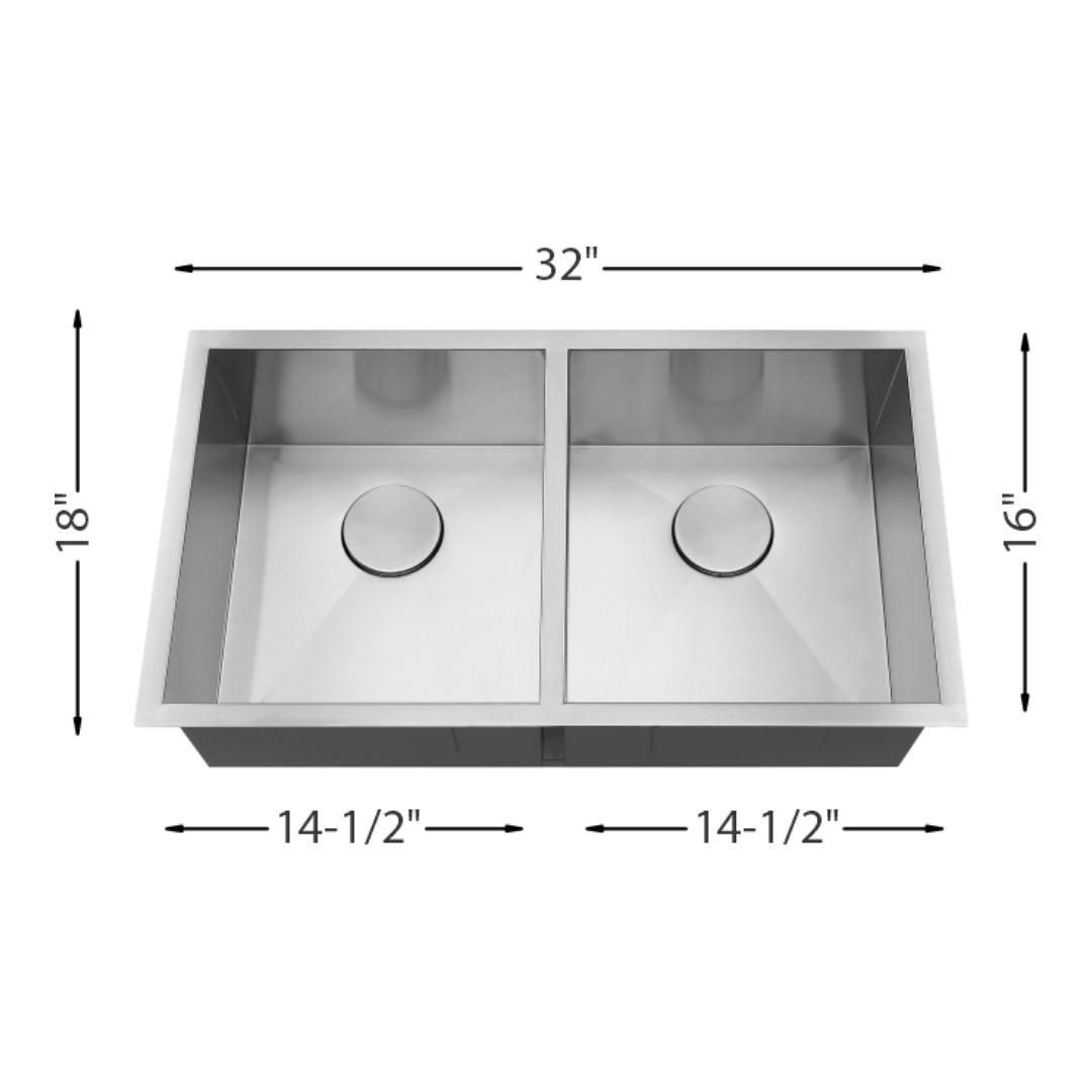 H-UZ202X-ZR: 32" Stainless Steel Double Equal Bowl Kitchen Sink ZERO RADIUS