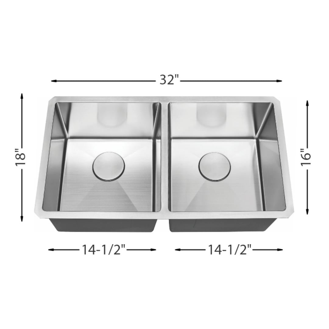 H-UZ202X: 32" Stainless Steel Double Equal Bowl Kitchen Sink R10