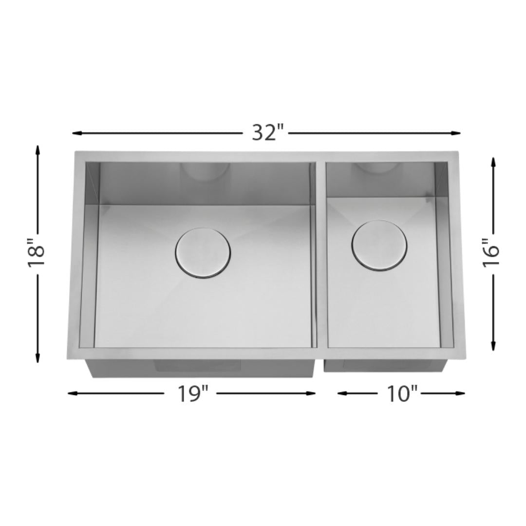 H-Z203X-ZR: 32" Stainless Steel 1-1/2 Double Bowl Kitchen Sink ZERO RADIUS