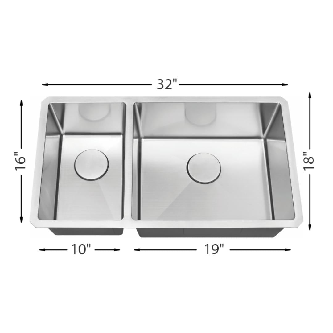H-Z203XR: 32" Stainless Steel 1-1/2 Double Bowl Kitchen Sink Reverse R10