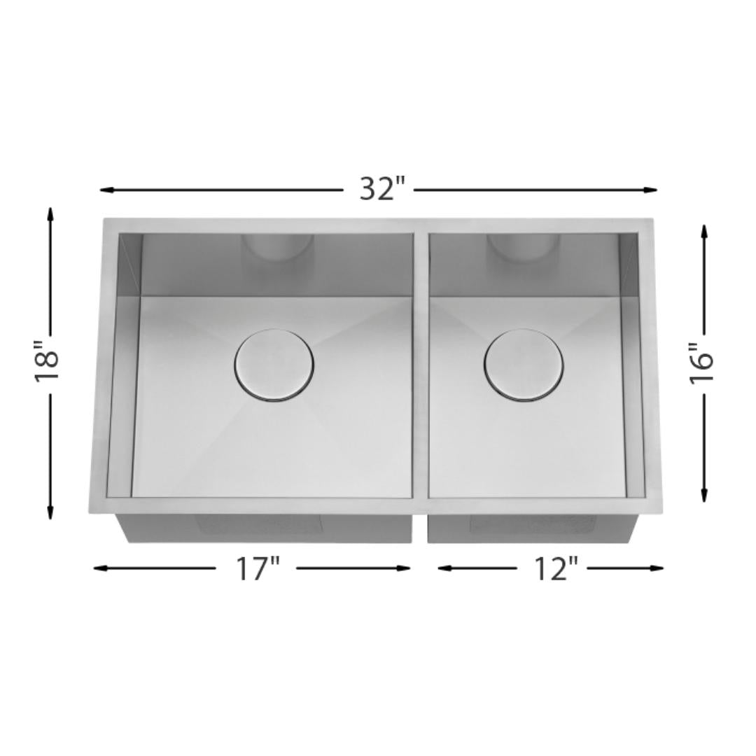 H-UZ205X-ZR: 32" Stainless Steel 1-3/4 Double Bowl Kitchen Sink ZERO RADIUS