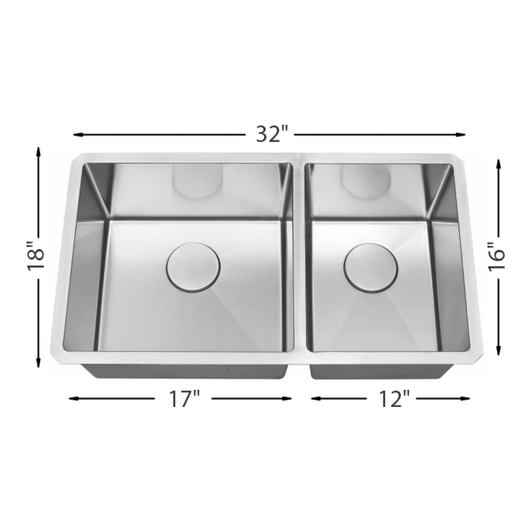 H-UZ205X: 32" Stainless Steel 1-3/4 Double Bowl Kitchen Sink R10