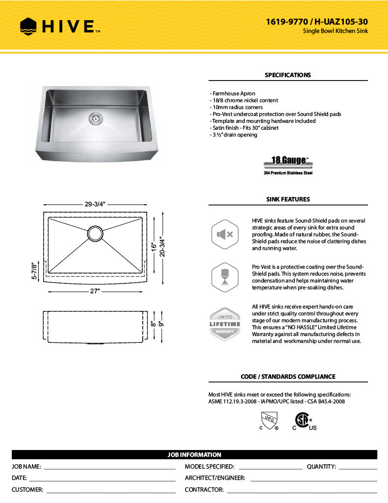H-AZ105-30: 30" Stainless Steel Single Bowl Farmhouse Kitchen Sink R10