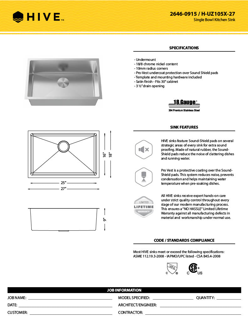 H-UZ105X-27: 27" Stainless Steel Single Bowl Kitchen Sink R10