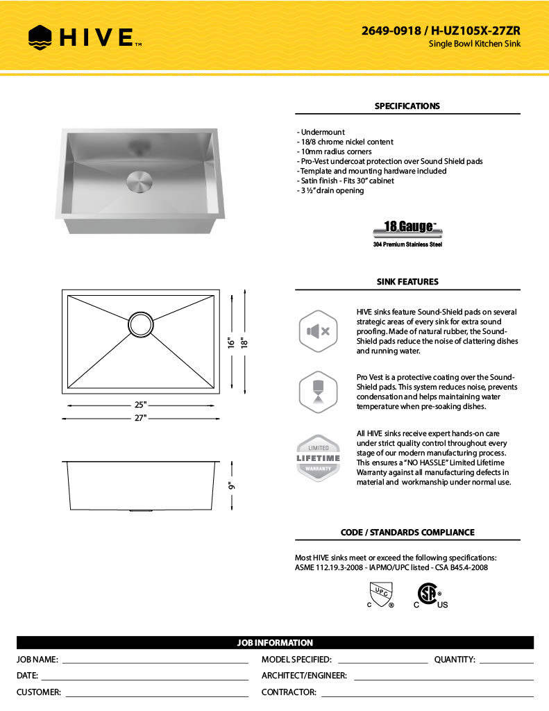 H-UZ105X-27-ZR: 27" Stainless Steel Single Bowl Kitchen Sink ZERO RADIUS