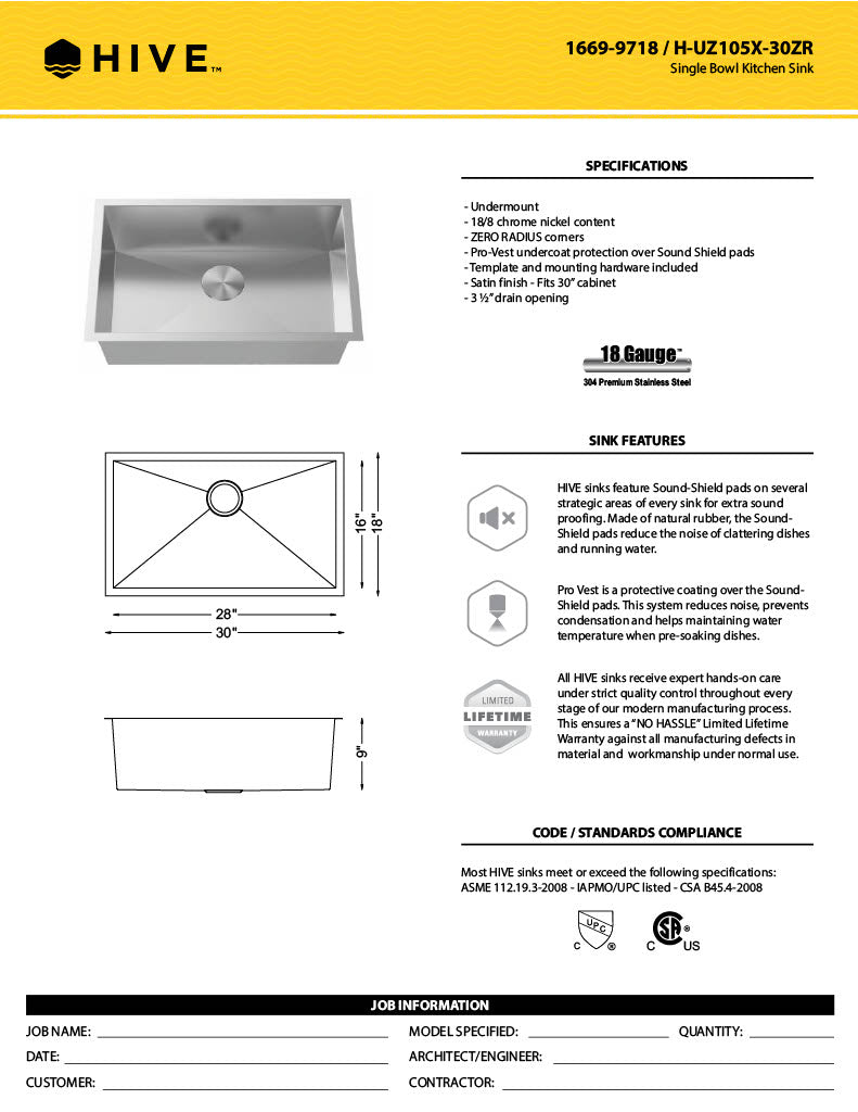 H-UZ105X-30ZR: 30" Stainless Steel Single Bowl Kitchen Sink ZERO RADIUS