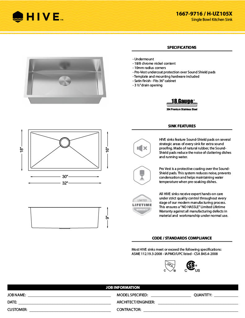 H-Z105X: 32" Stainless Steel Single Bowl Kitchen Sink R10