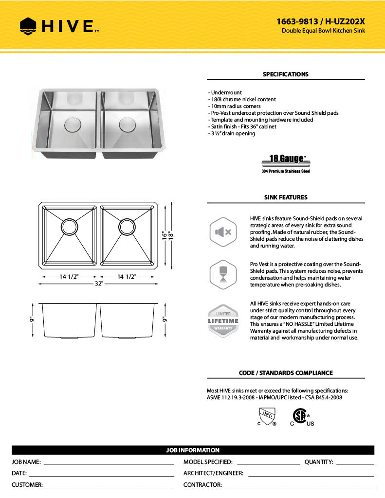 H-UZ202X: 32" Stainless Steel Double Equal Bowl Kitchen Sink R10
